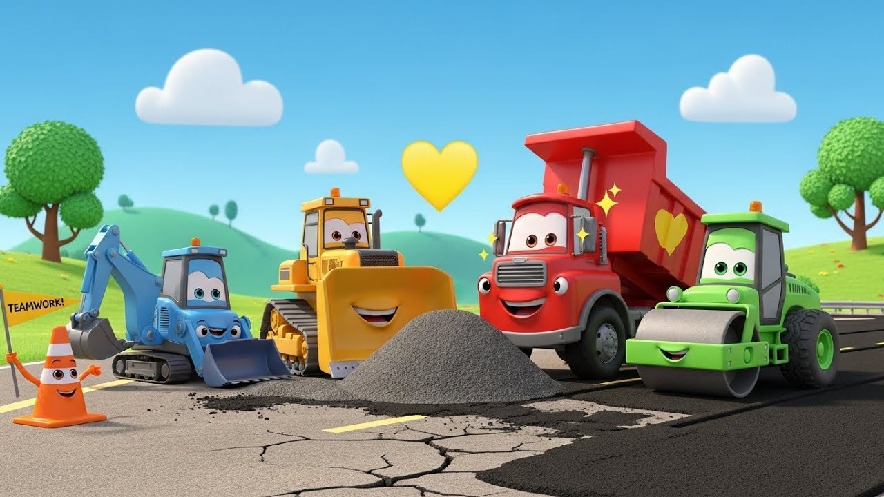 The Happy Road Builders with Vehicles- Contruction & Road Repair