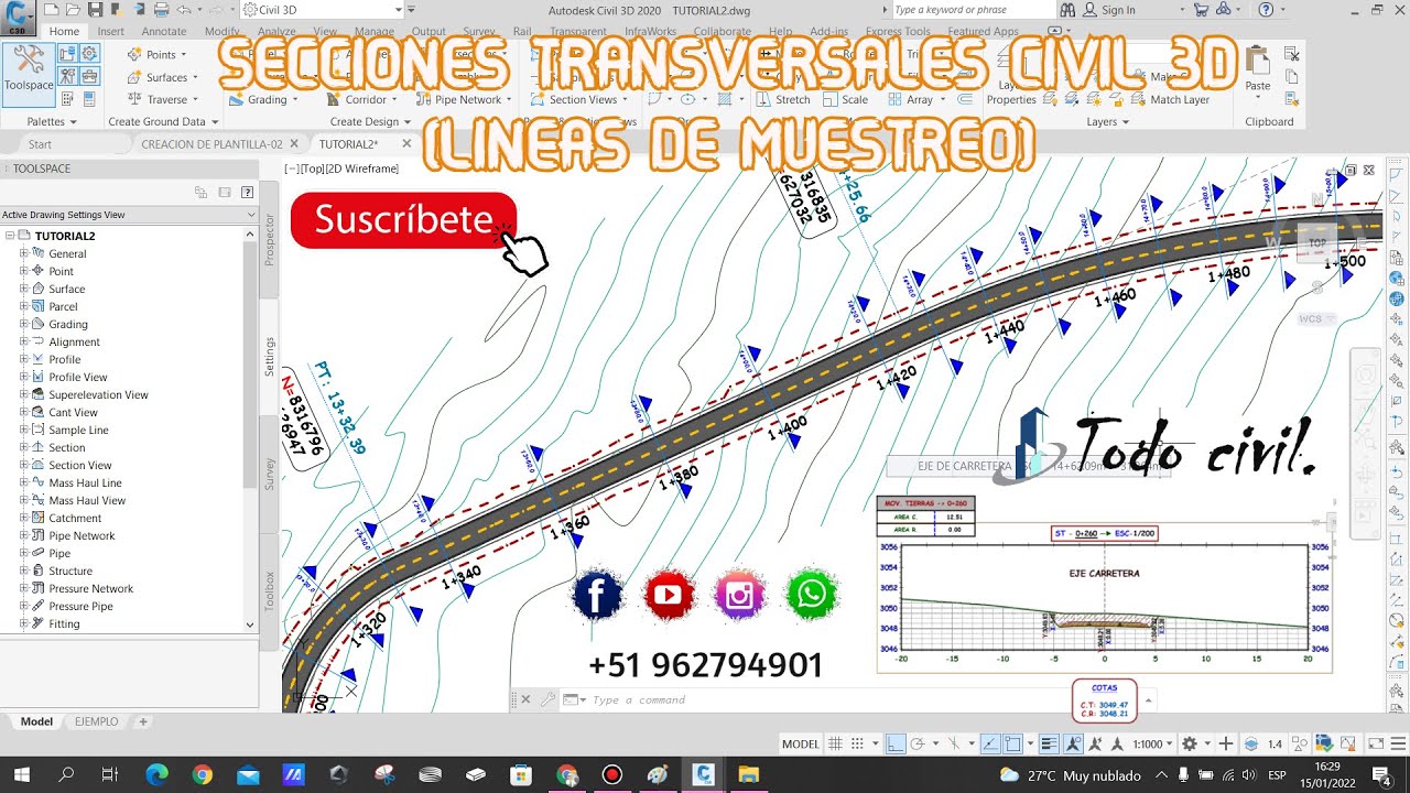 SECCIONES TRANVERSALES + LINEAS DE MUESTREO -(curso de AUTOCAD CIVIL 3D)- PARTE-18