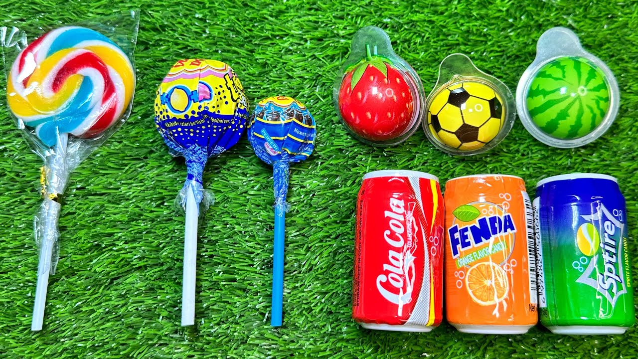 Satisfying video Asmr Chupa Chups, sweet jellies, and candies — Cola, Fanta, Sprite. 