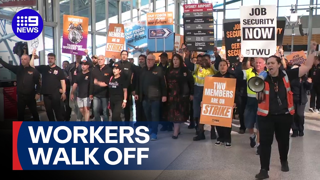 Travel chaos as Sydney Airport workers strike over conditions | 9 News Australia