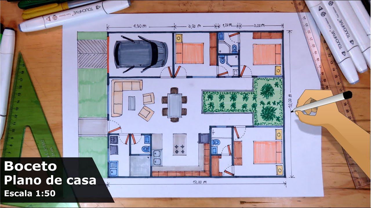 Dibuja Planos de Casas 1/5 - Casa de 1 piso 10m x 12m Escala 1:50