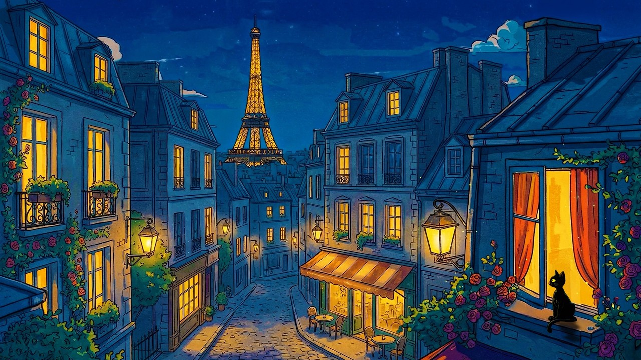 a cozy night in paris, 1950s with classic vintage oldies playing in another room