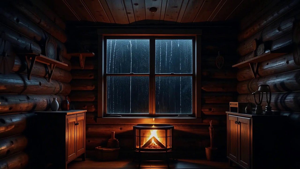Midnight Rain on Window Sounds with Warm Fireplace Ambience for Deep Sleep