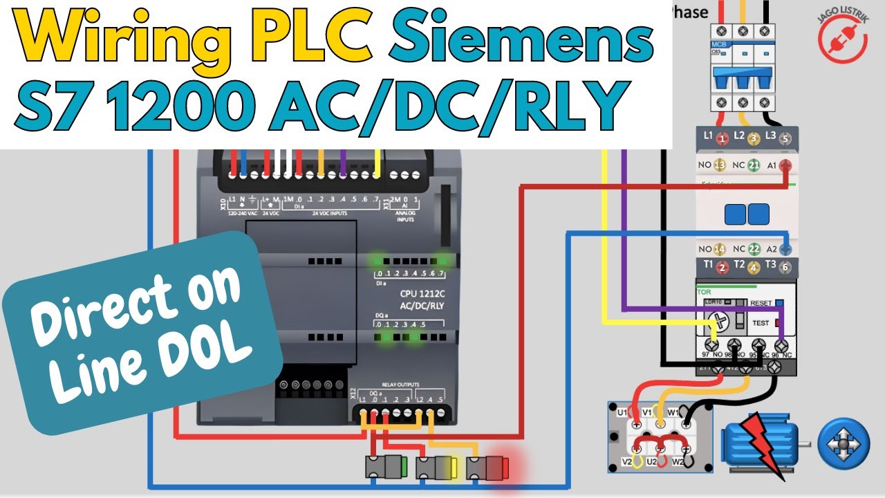 WIRING PLC SIEMENS S7-1200 AC/DC/RLY RANGKAIAN DIRECT ON LINE DOL STARTER MOTOR 3 PHASE