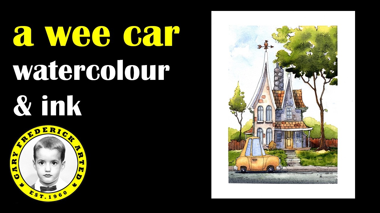 Painting a little car and house in watercolour and ink.