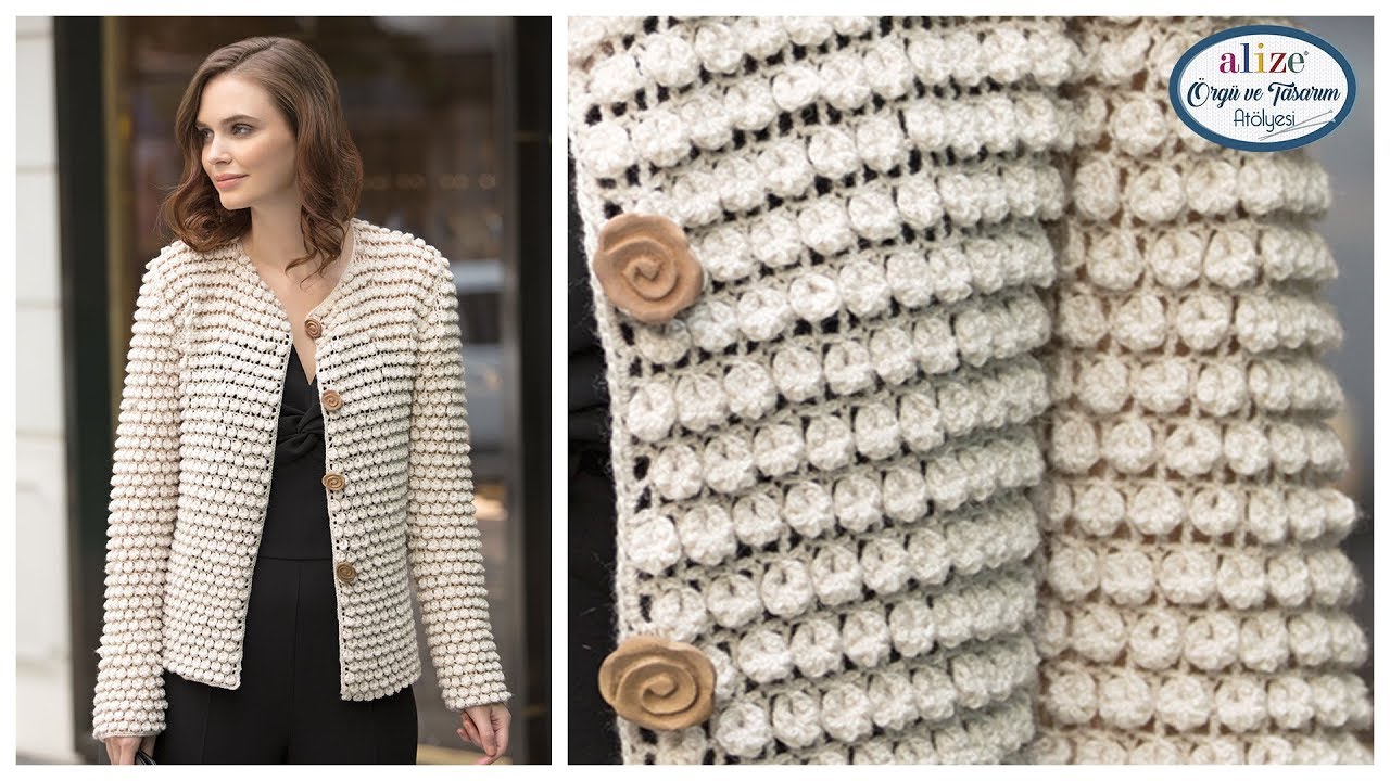 Tığ İşi Böğürtlen Örnekli Hırka - Crochet Work Blackberry Pattern Cardigan