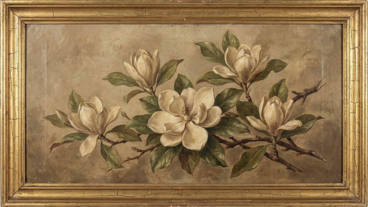 Old antique art style painting, white magnolia flowers