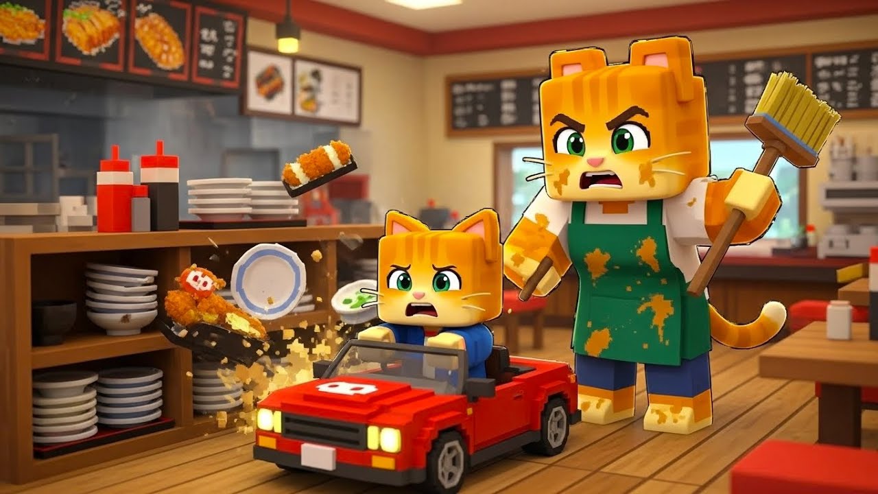 Ginger Cat Drives A Car 😱 Total Restaurant Chaos! Angry Mama | Ginger Minecraft Story 🐱
