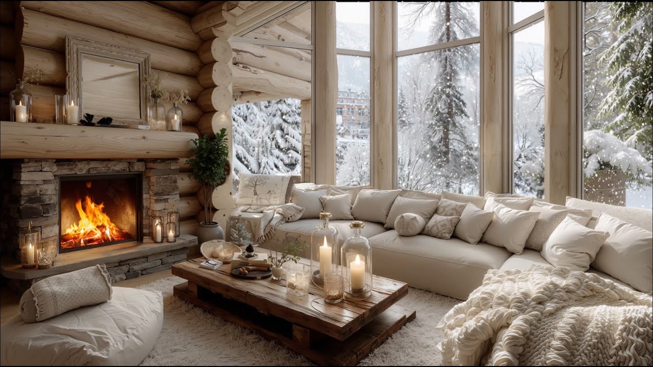 Gentle Fireplace & Soft Winter Piano | Melt Stress with White Room & Snowfall Ambience, Deep Focus