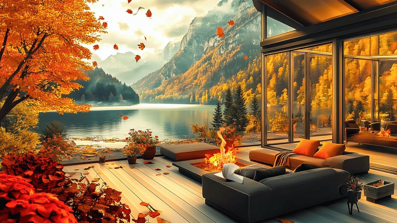 Cozy Autumn Serenity by the Fire: Ethereal Smooth Jazz Piano Music in the Mountains by the Lake  🍂🍁