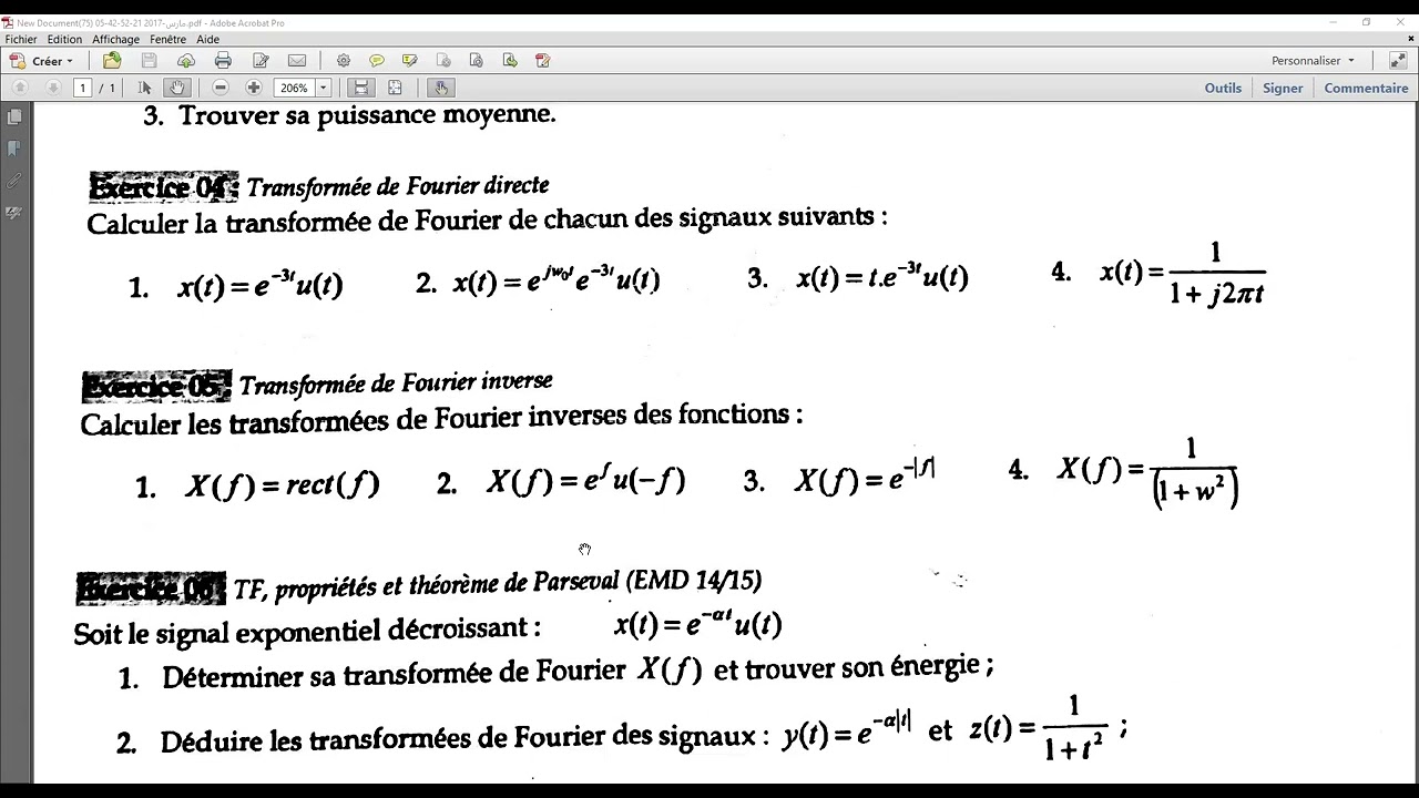 Série d'exercices sur la transformée de Fourier et La DSF et La TF inverse L2S4