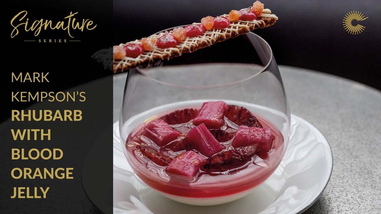Mark Kempson's Poached Yorkshire Rhubarb with Vanilla Crème Fraîche & Blood Orange Jelly