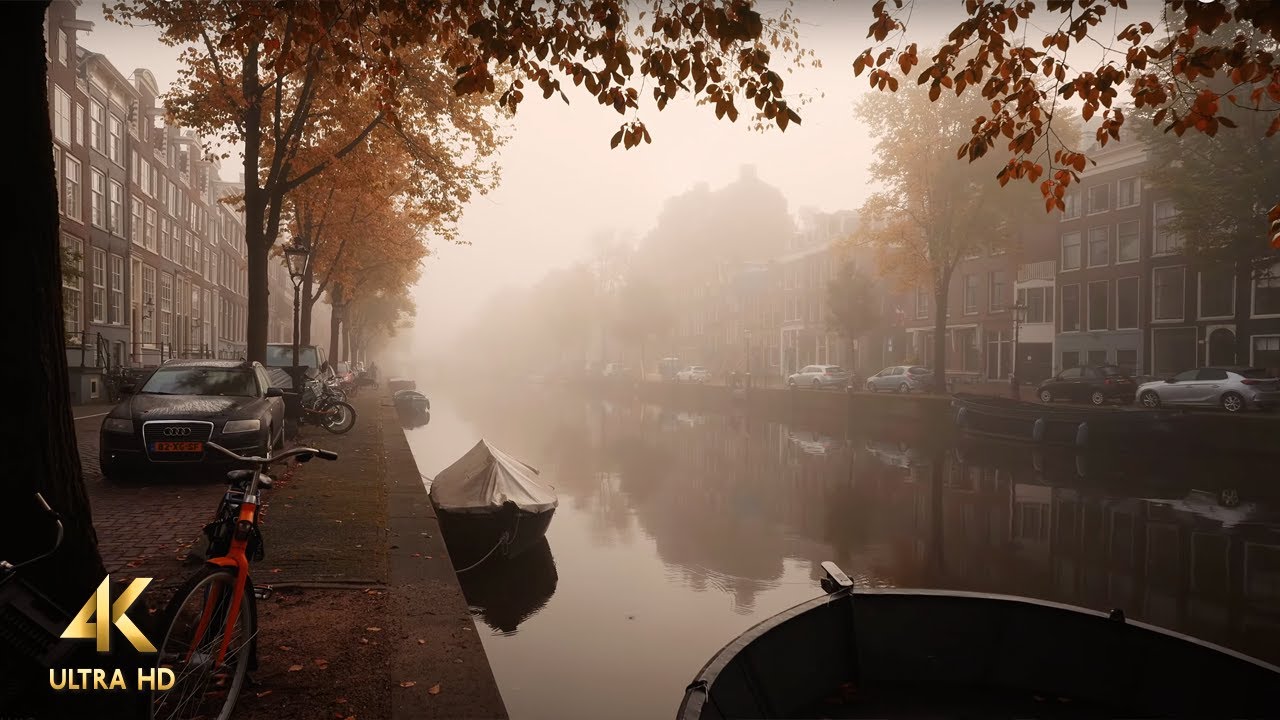 Misty Autumn Morning Walk in Amsterdam, 4K UHD Binaural