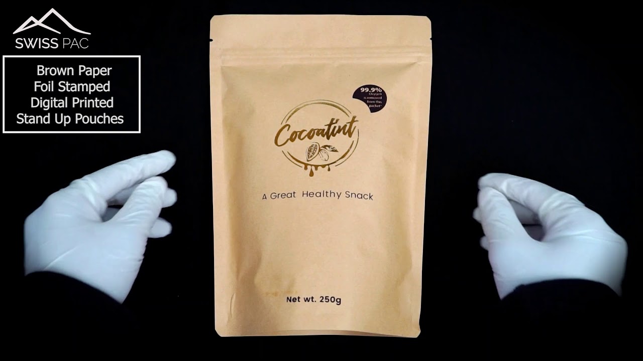 Brown Paper Foil Stamped  Digital Printed Stand Up Pouches