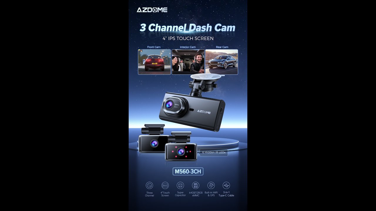 4K AZDOME M560 3-Channel TouchScreen Dash cam/ Built-in WIFI & GPS