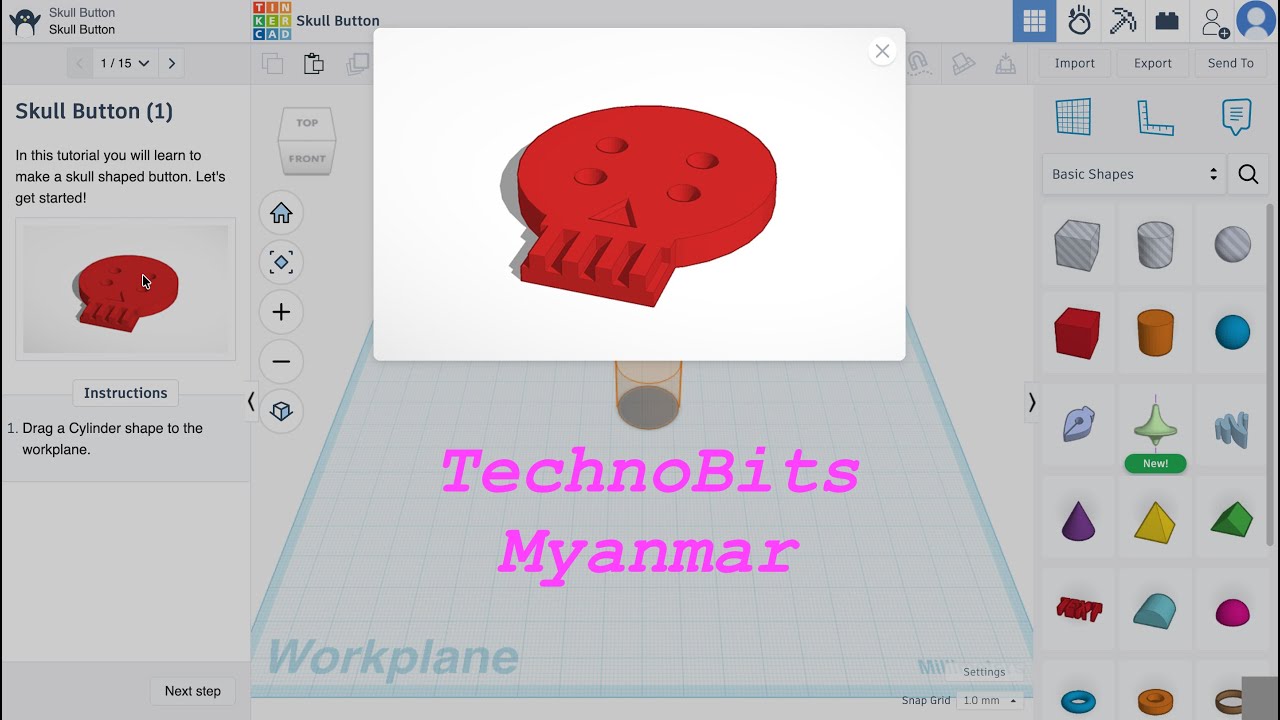 Let's Learn Tinkercad! - Skull Button #tinkercad #3ddesign #project #kids #myanmar #educational