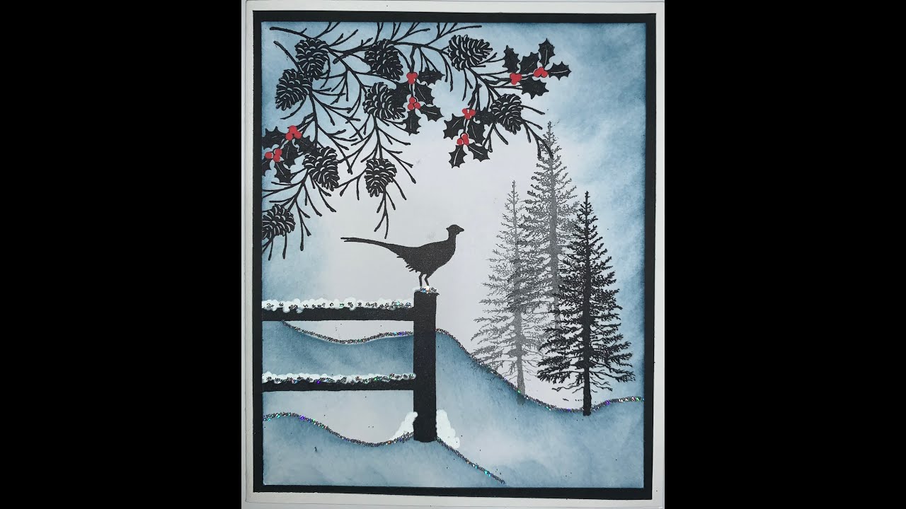 Pheasant in the snow Christmas card using Lavinia stamps for the tutorial