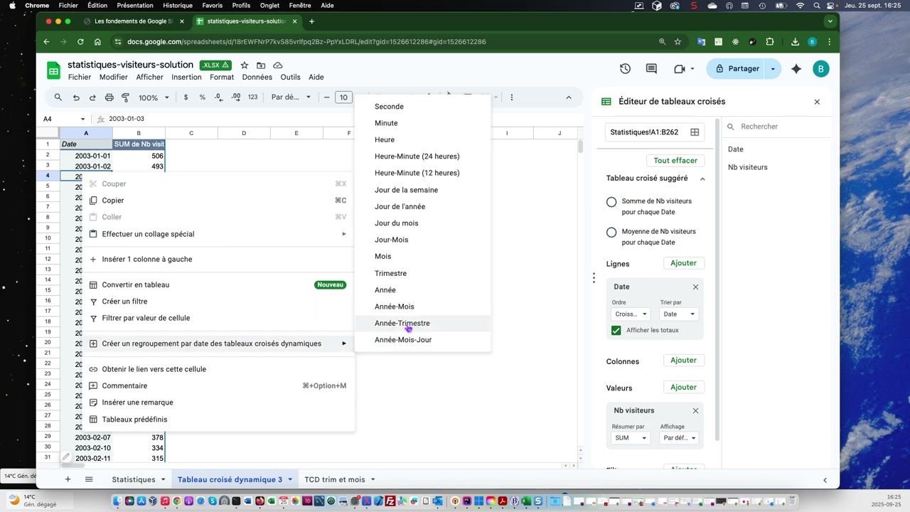 Google Sheets - faire un tableau croisé dynamique avec groupement trimestre-mois