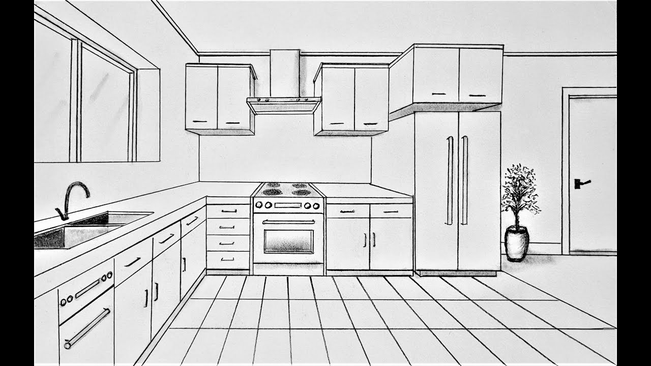 How to draw a kitchen in one point perspective