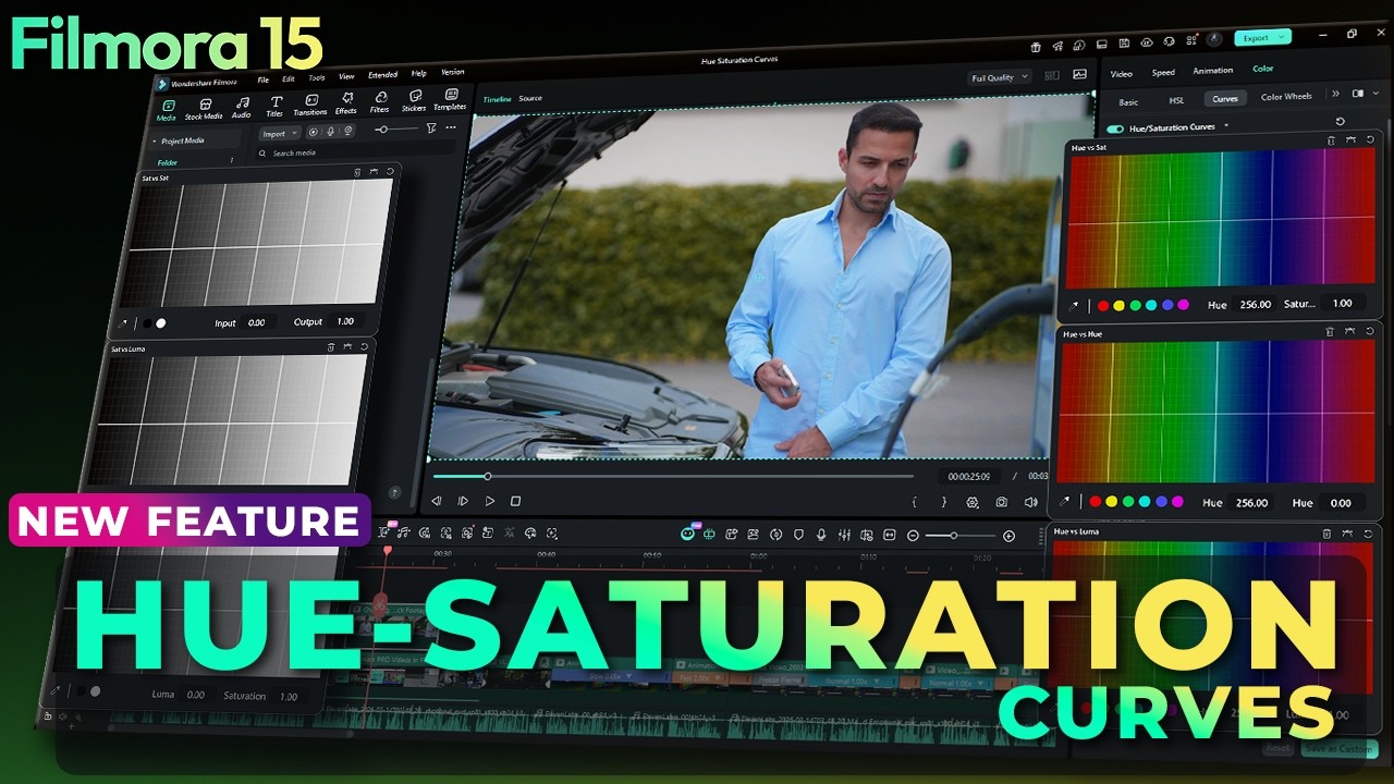 В Filmora 15 объясняется разница между кривыми оттенка и насыщенности | Расширенное управление цв...