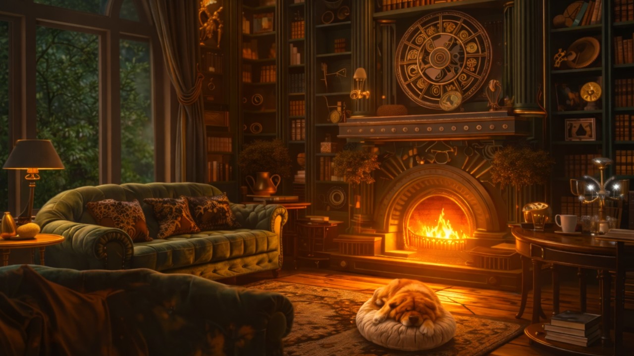 Cozy Fireplace Library Ambience 🔥 Relaxing Piano Music for Deep Sleep, Study & Relaxation (3 Hours)