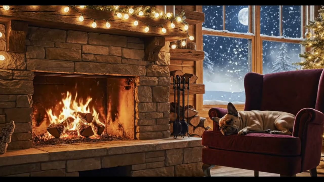 New Year Fireplace Ambience 🎄🔥 | Warm Lights & Relaxing Dog | 4K