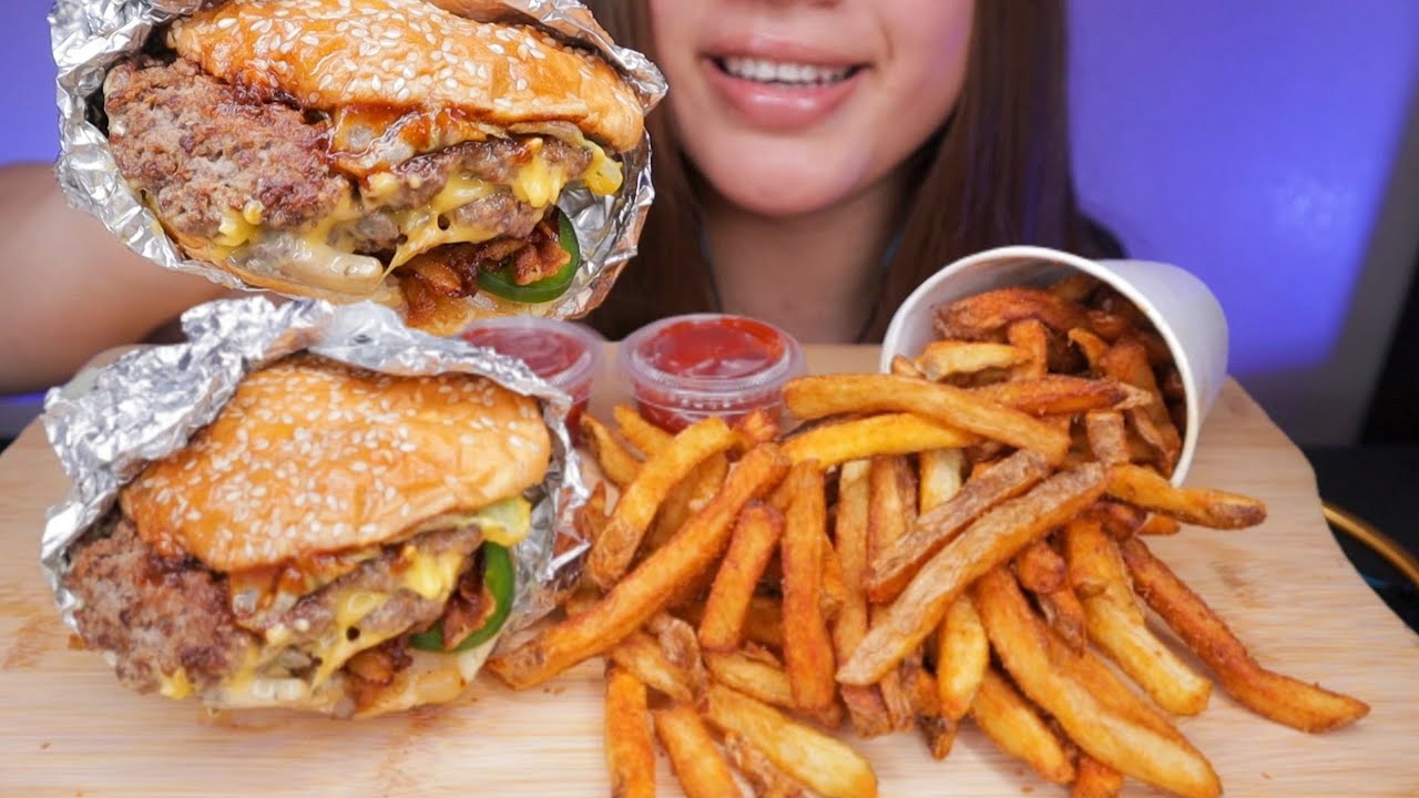 ASMR FIVE GUYS BACON CHEESEBURGER + CAJUN FRIES MUKBANG *NO TALKING*