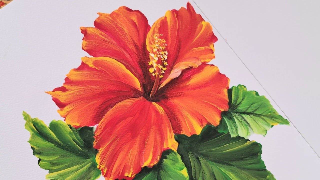 Pintar una flor con acrílico sobre papel paso a paso hibisco rojo arte fácil