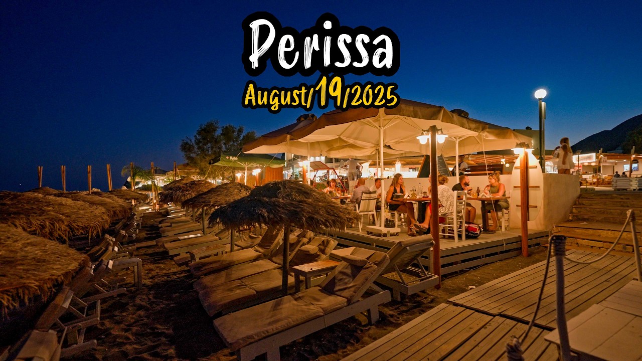 Perissa Beach Santorini, evening walking tour 4K, vlog, Greece travel guide 2025