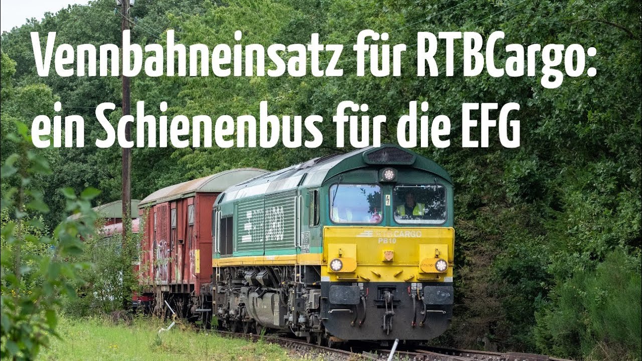 RTBCargo bringt mit Class66 einen Schienenbus u. Güterwaggons über die Vennbahn nach Raeren (EFG)