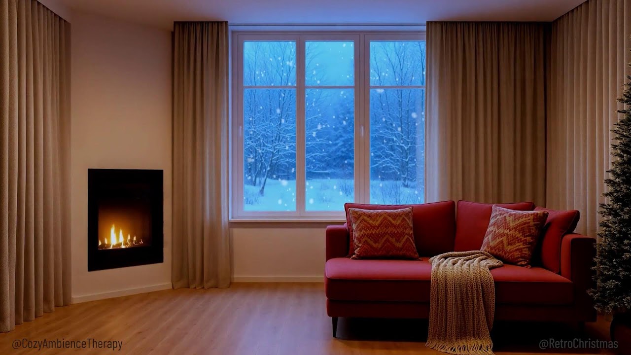 Fireplace 🔥 Cozy Winter Evening ❄️ Soft Jazz ❄️ Snow Falling