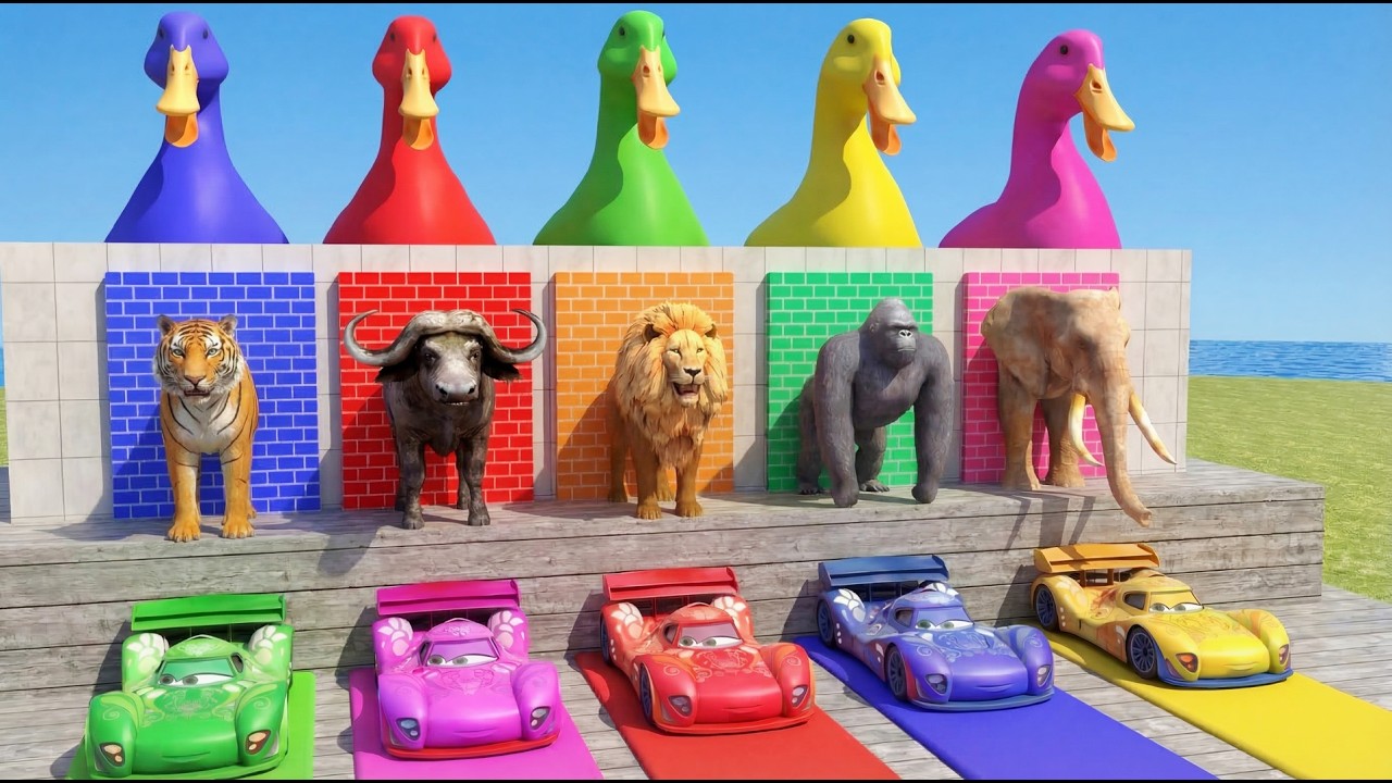 Long Slide Game With Cow Elephant Gorilla Hippopotamus Tiger  - 3D Animal Game - Funny 3d Animals