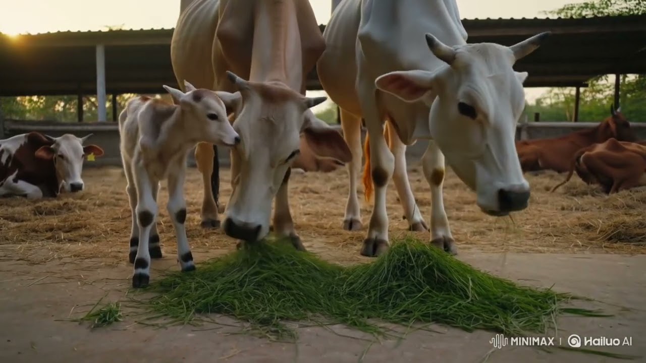 Cow Eating Grass While Calves Watch Calmly #aivideo #cowlove #calves #naturevibes #cutecows #animals
