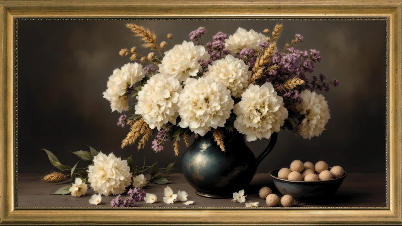 Echoes of Stillness: Vintage Hydrangeas & Wheat in Soft Impressionist Bloom | Frame TV Art