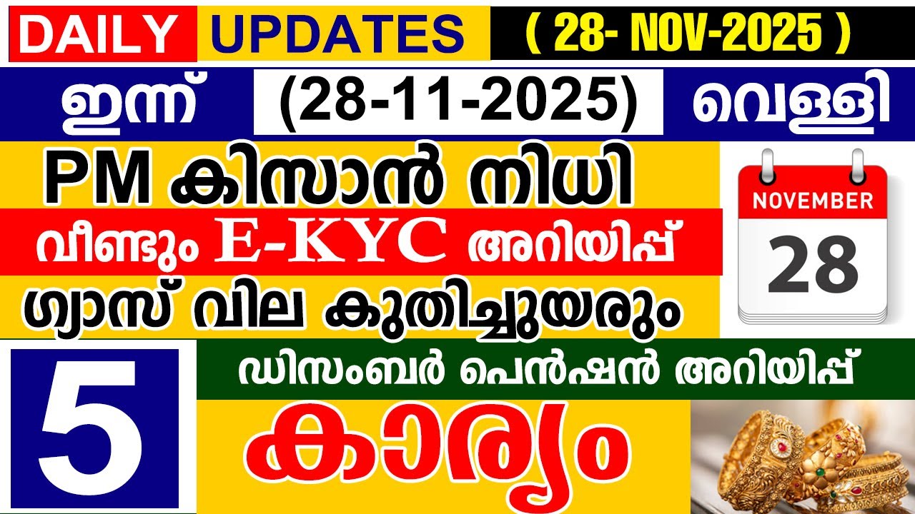 ഇന്ന്(2025 നവംബർ 28 വെള്ളി) PM കിസാൻ വീണ്ടും E-KYC | ഡിസംബർ പെൻഷൻ | ഗ്യാസ് വില കുതിച്ചുയരും