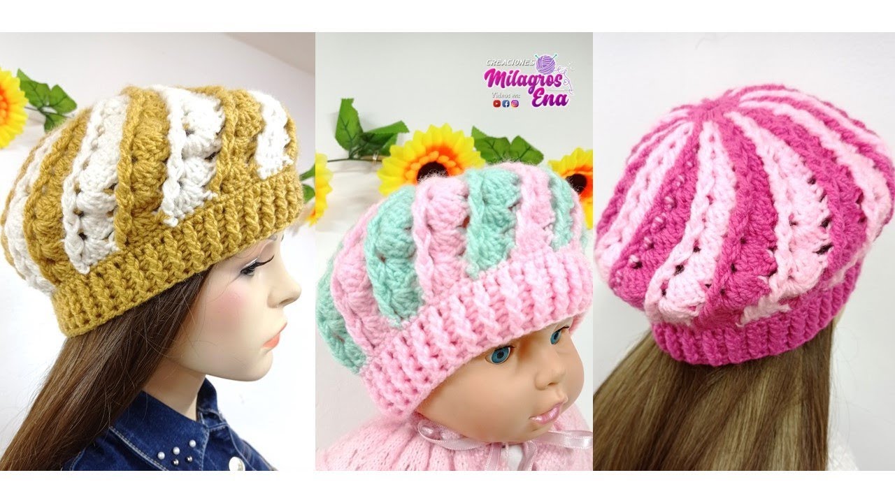 Como tejer la Boina N° 38 a crochet en punto ESPIRAL DE DOS COLORES para bebes, niñas y damas