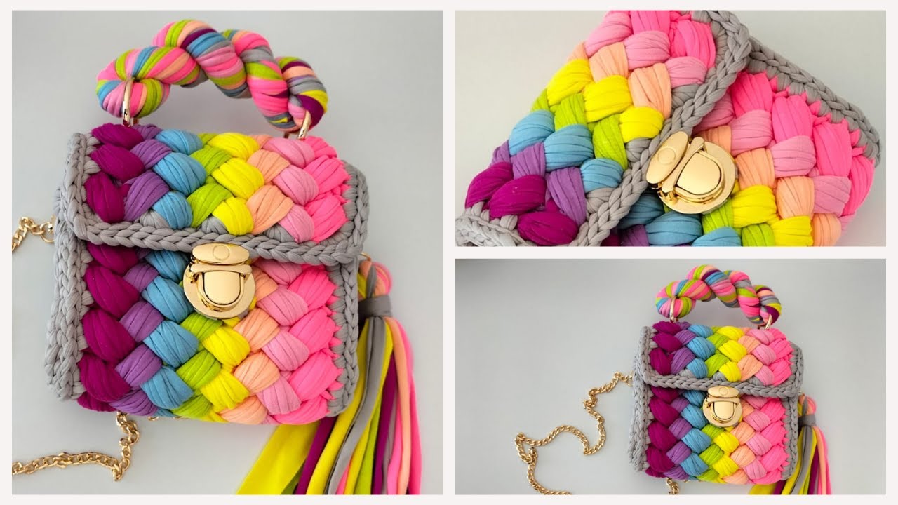 Bolso tejido a crochet combinar colores en punto Puff  Trapillo Pillo