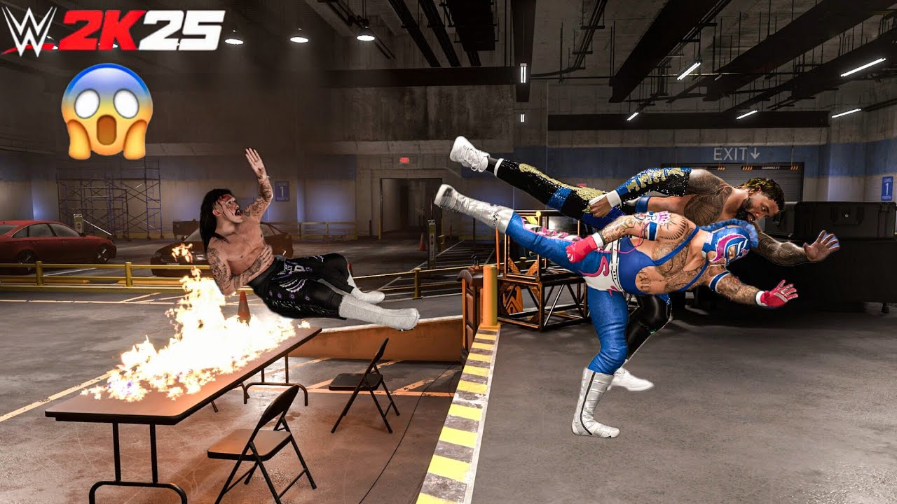 WWE 2K25 - Jey Uso and Rey Mysterio destroys Dominik Mysterio at Backstage Brawl | Gameplay