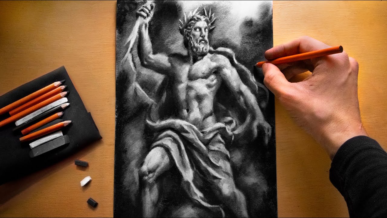 ASMR Zeus Drawing with Charocal - No Talking