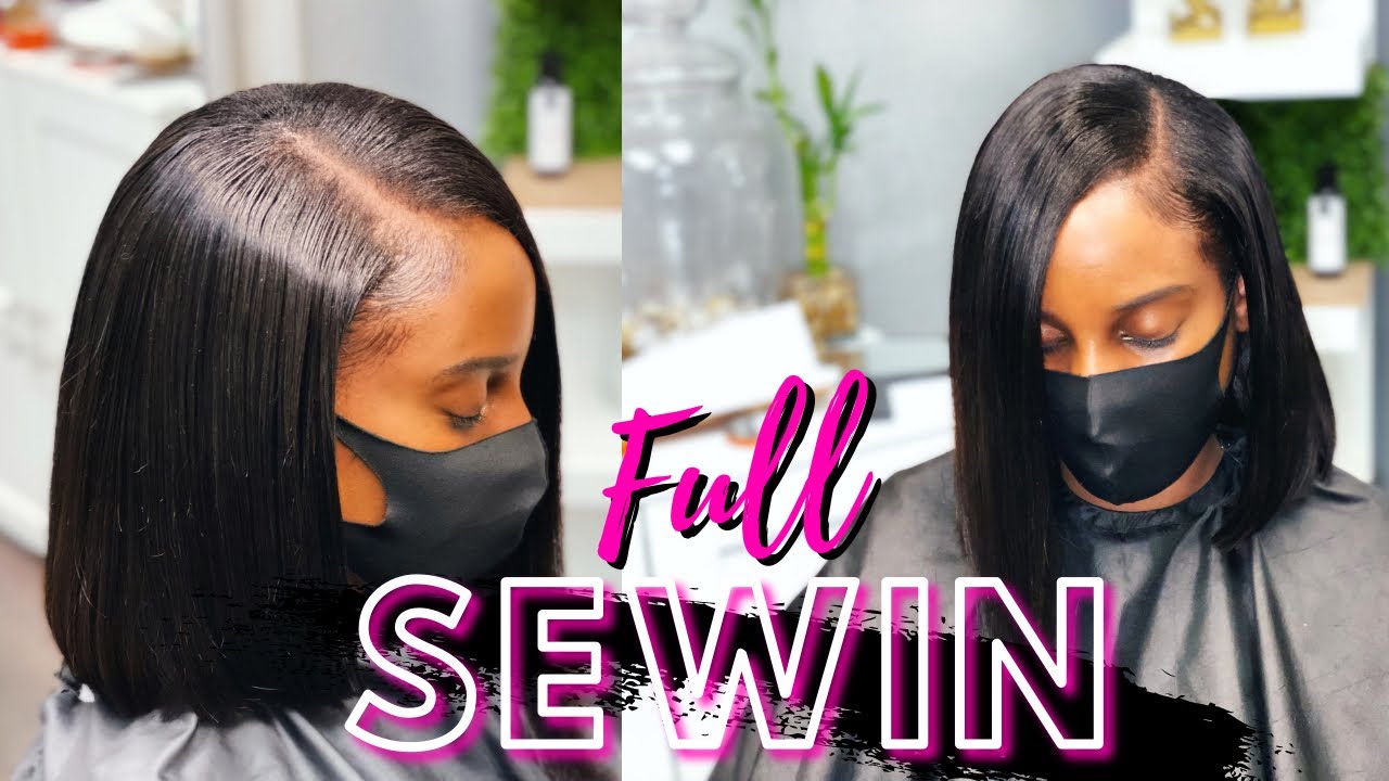 Full Sew In with leave out on natural hair + blunt cut bob | Paparazzi Allure