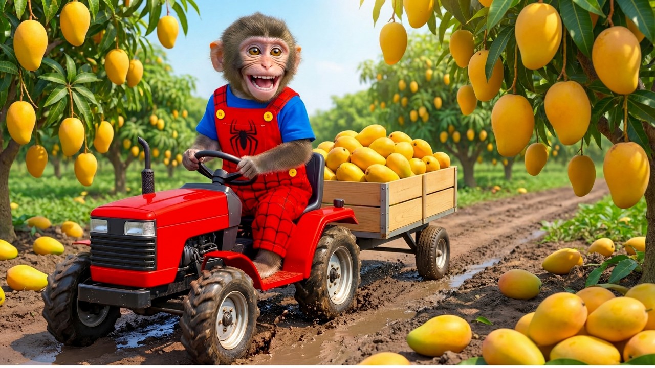 Monkey Nana Drives JCB Tractor Excavator Harvests And Rescues Mango Orchard After Storm
