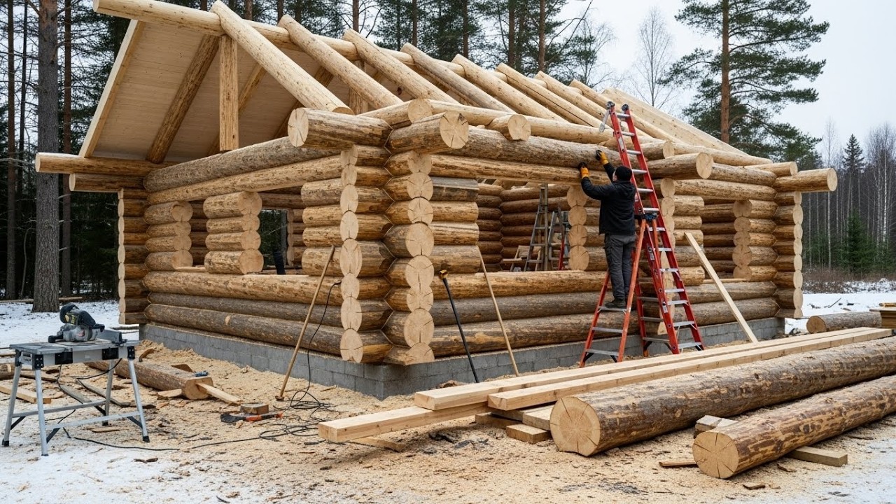 Весь процесс строительства бревенчатого дома в американском стиле.