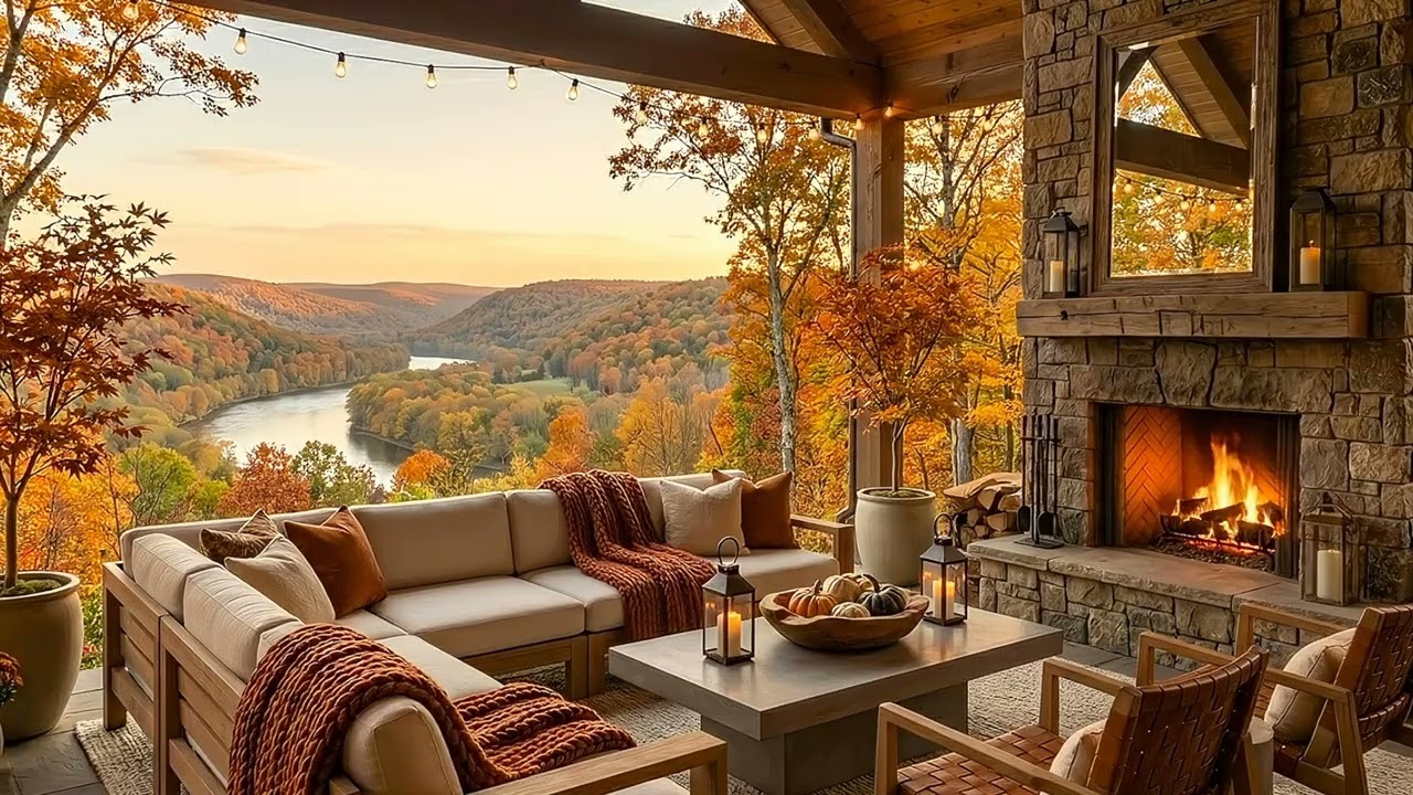Cozy Autumn Fireplace Terrace 🍂 | Smooth Piano Jazz & Warm Ambience for Relaxing, Studying, Reading