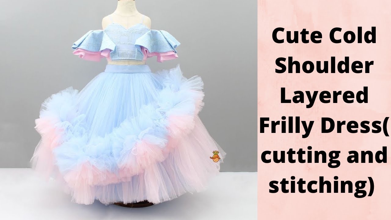 Cute Cold Shoulder Layered Frilly Dress with a Pleated Sleeve/baby party dress cutting and stitching
