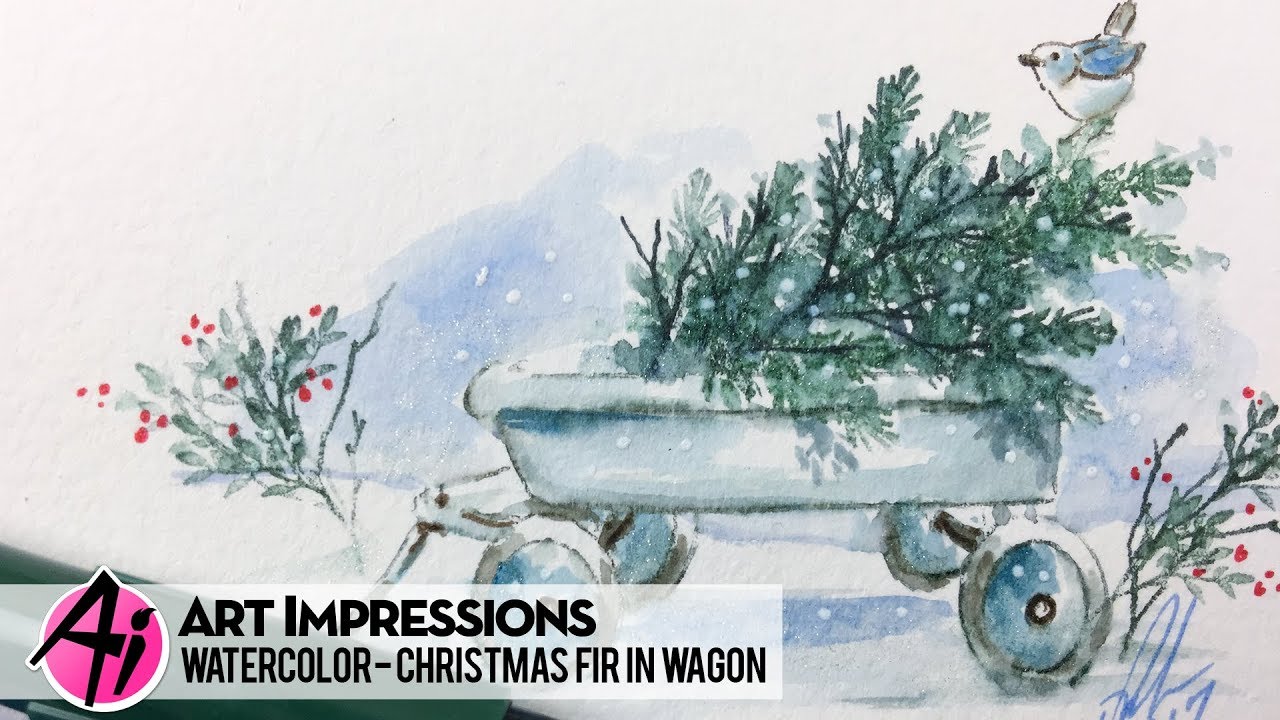 Ai Watercolor - Christmas Fir in Wagon