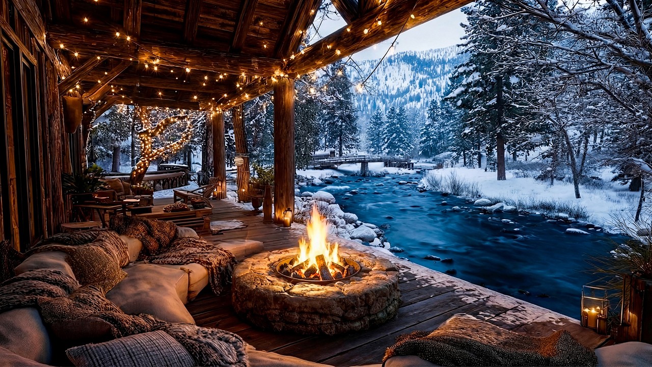 Tranquil Winter Cabin Ambience: Warm Fire Pit and Riverside Sounds for Deep Relaxation