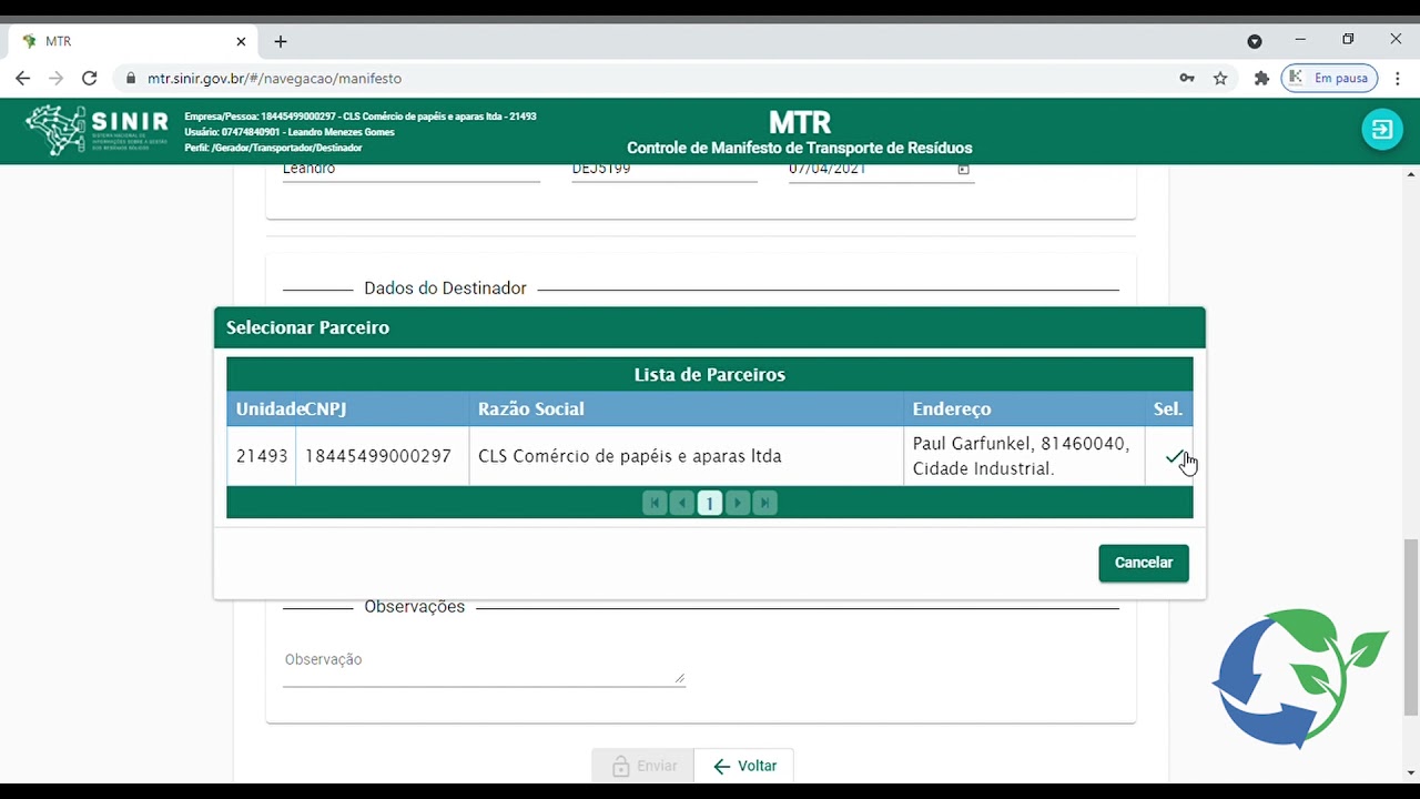 EMISSÃO DE MTR PELO SINIR