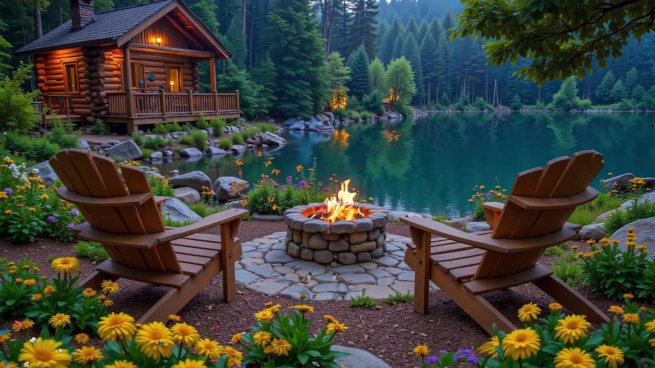 Relaxing Spring Morning Lakeside Cabin Ambience 🌿🌺 Smooth Piano Music for Work and Study
