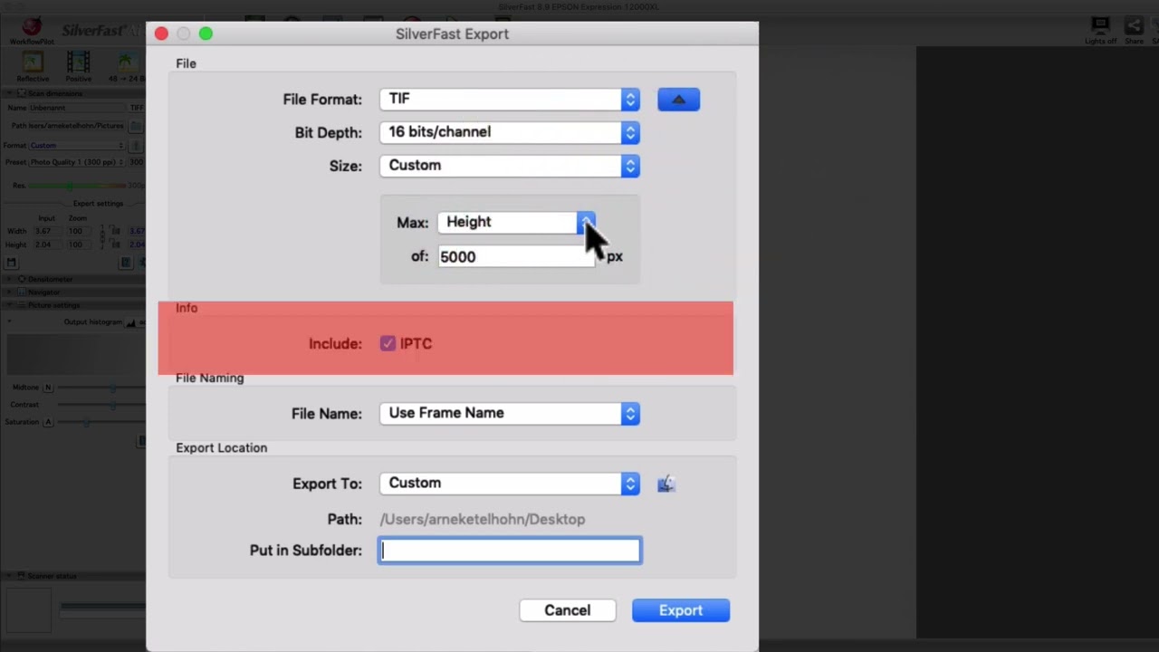 SilverFast 9 &ndash; Export Dialog for Batch Mode (English)