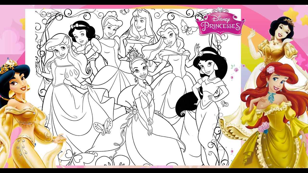 Disney Princesses ALL TOGETHER Coloring Compilation Color ARIEL BELLE AURORA SNOW WHITE TIANA Party